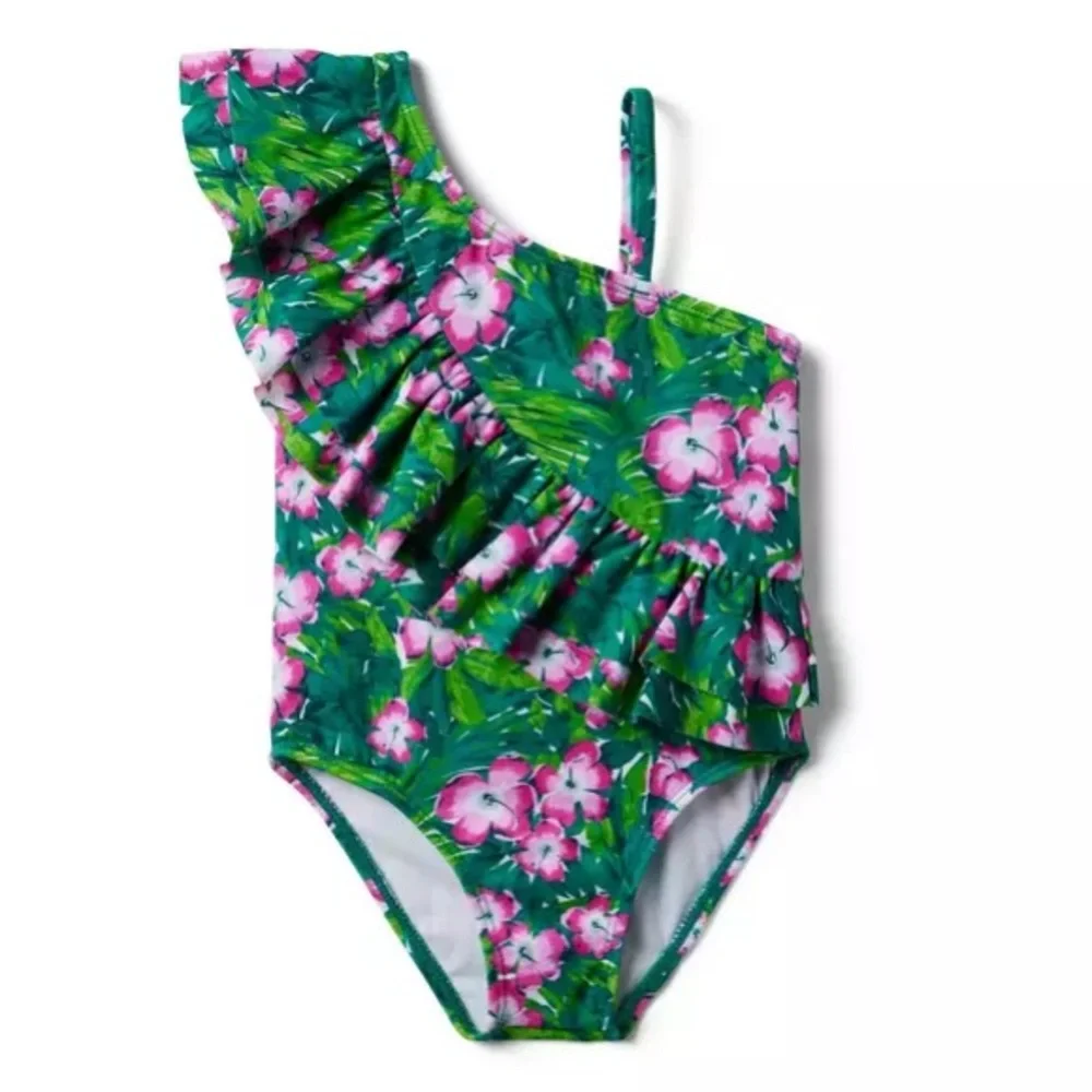 Janie and Jack Green Recycled Hibiscus Ruffle Swimsuit